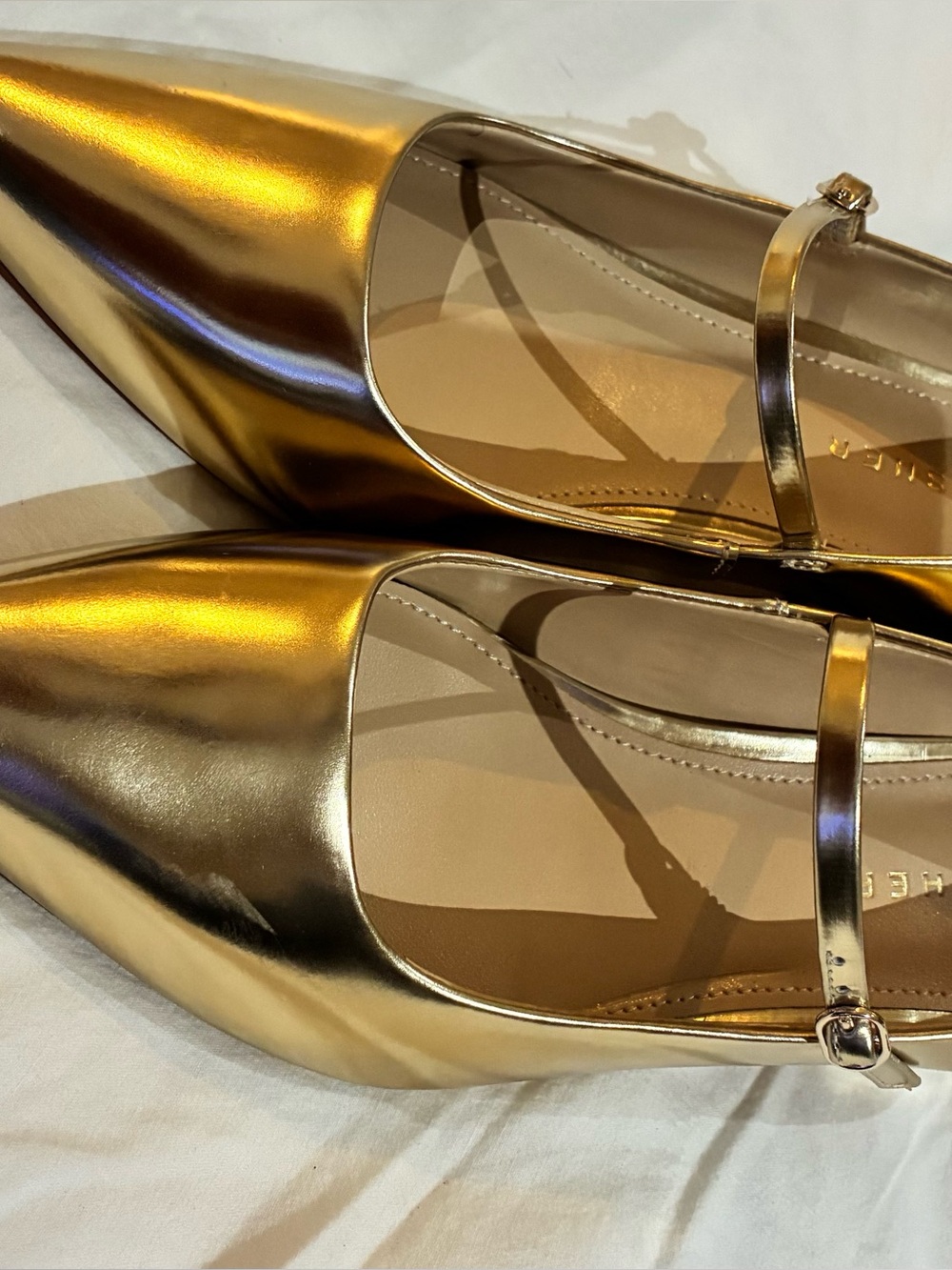 Marc Fisher Gold Pointed Mary Jane small heels with Slim Strap